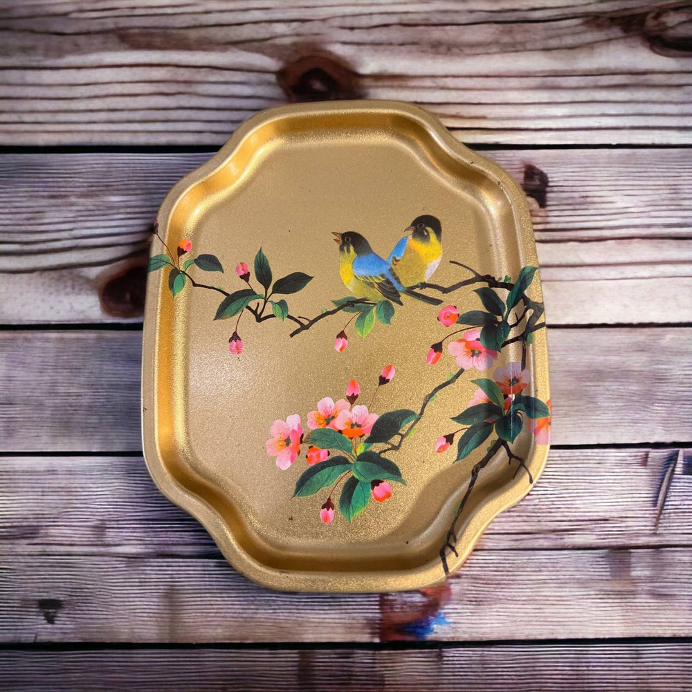 VTG Tin Trinket Tray w blue /yellow birds cherry Blossoms made in England